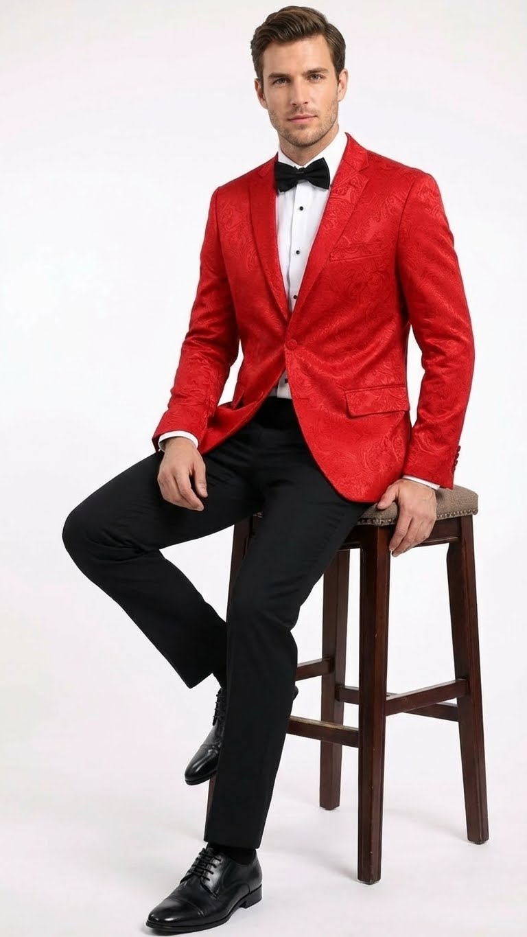 Red paisley velvet blazer. Structured fit, single-button closure. Soft, rich fabric with a glossy finish. Textured pattern adds depth.