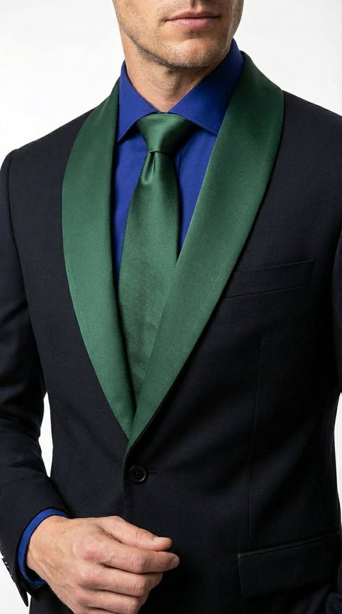 Men’s Black Suit with Hunter Green Shawl Lapel – Black and Hunter Green Formal Tuxedo Suit for Wedding, Prom With Bow Tie
