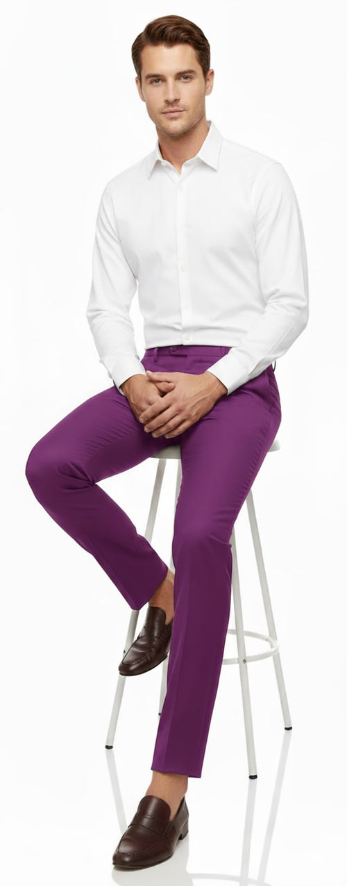 Men's slim fit, light purple dress pants. Straight leg, smooth fabric. Solid color, modern formal design. No patterns or embellishments.