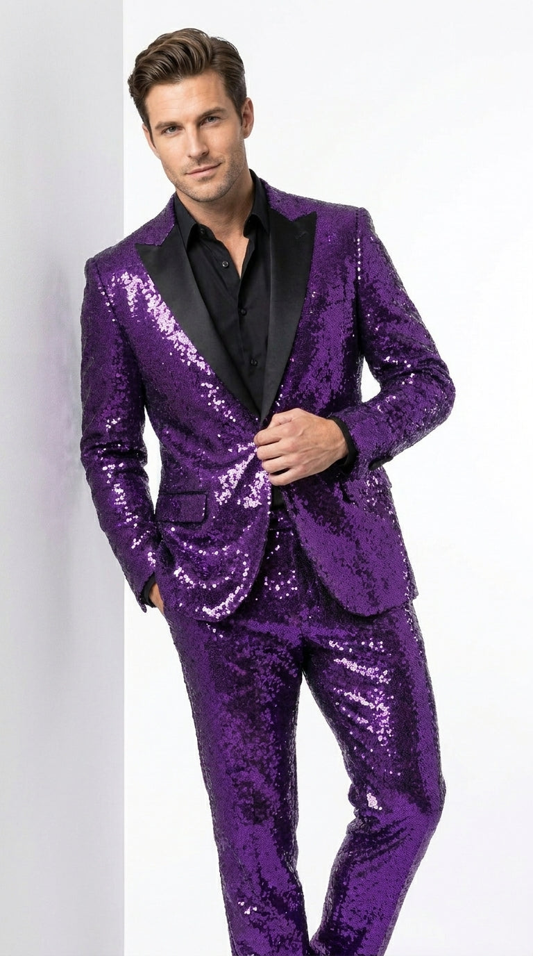 Men’s Purple Glitter Tuxedo Suit with Black Lapel, Party Stage Performance Formal Suit