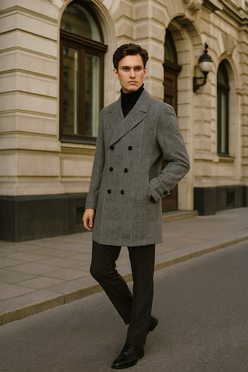 Men's grey plaid double-breasted overcoat with black faux fur collar. Straight cut, four visible black buttons. Classic and stylish design.
