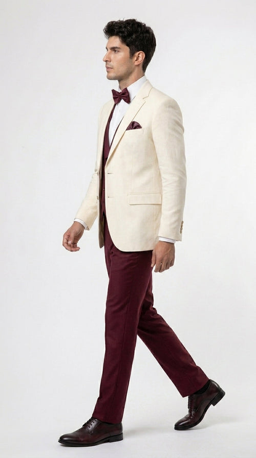 Menās Cream Ivory and Burgundy 3 Piece Tuxedo Suit, Vested Formal Wedding Prom Dinner Suit in Cream Off White Color