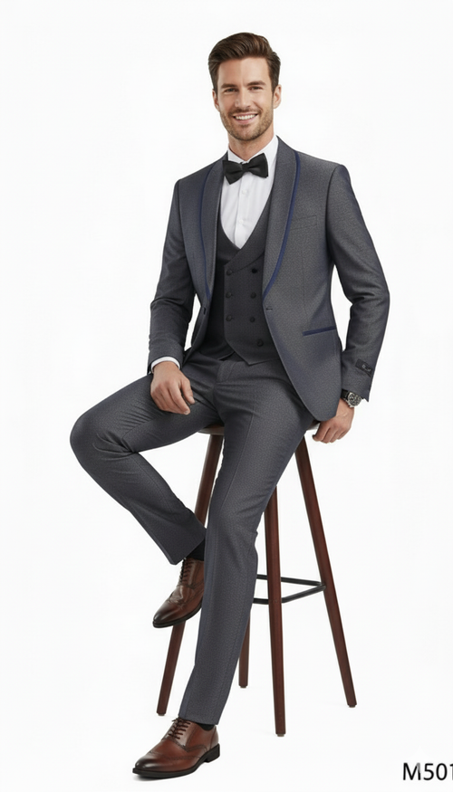 Charcoal gray slim-fit three-piece suit with blue lapel trim. Includes double-breasted vest and tailored pants. Textured fabric and modern silhouette for a harmonious look.