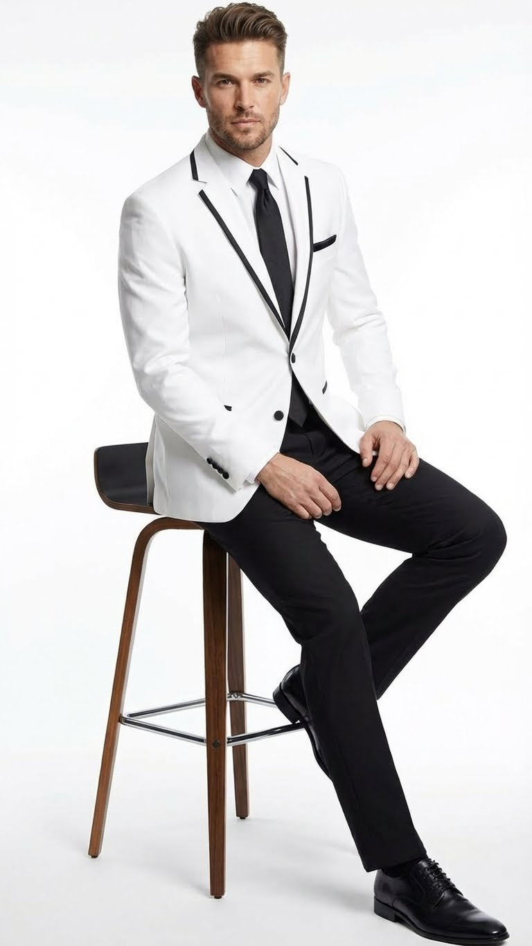 Men's white blazer with black trim on lapels/pockets. Structured, tailored fit, single-breasted with two buttons. Smooth fabric, crisp white with contrasting black details.