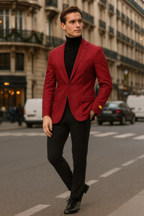 Men's burgundy sport coat: tailored fit, two-button, notched lapel, flap pockets, single vent. Textured fabric enhances the rich red wine color.