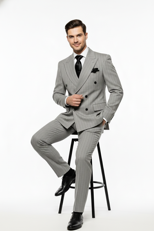 Men’s Grey and Black Pinstripe Double-Breasted Suit – 1920s Gangster Vintage Looking suit By Rossiman