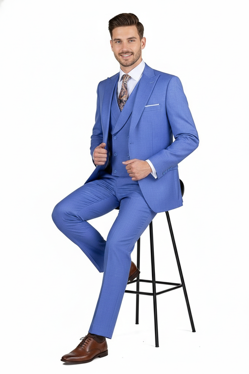 Men's light blue three-piece suit. Double-breasted jacket, matching vest, and slim-fit trousers. Smooth, subtly textured fabric. Clean, modern design with a single breast pocket. Solid light blue color.