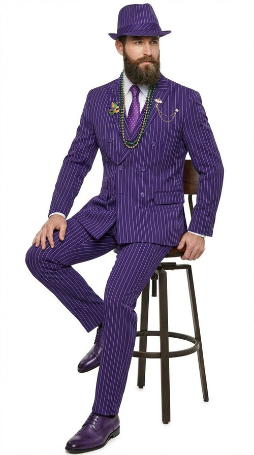 Men’s Purple Pinstripe Mardi Gras Suit | Classic Double Breasted Formal Carnival Suit
