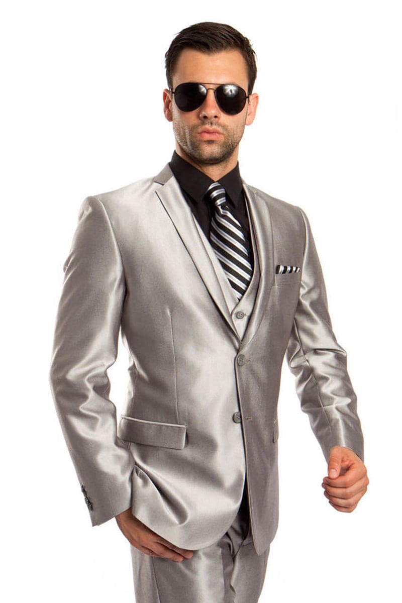 "Sharkskin Silver Grey Men's Two-Button Vested Wedding & Prom 2026 Suit"