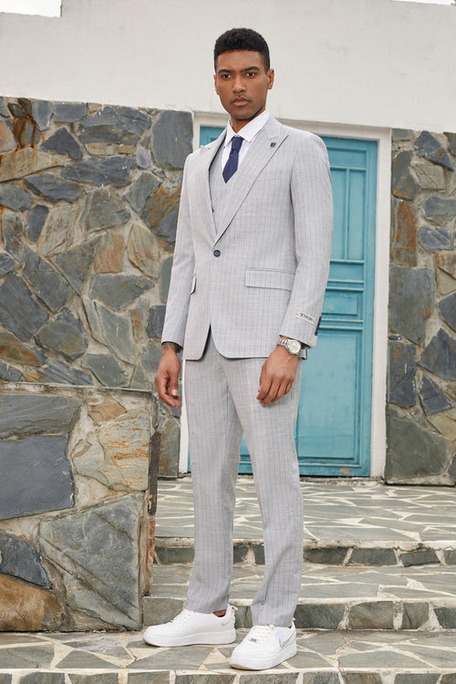 "Mens Stacy Adams Suit - Stacy Adams Suit Men's Designer Suit - Vested One Button Peak Lapel in Light Grey Pinstripe"