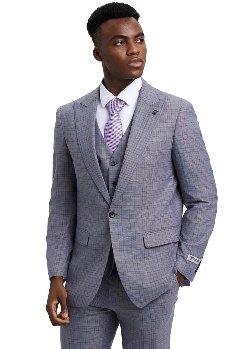 Light grey Stacy Adams men's suit with a windowpane plaid pattern. Features a one-button closure, wide peak lapels, and a matching vest. Tailored with notched lapels and two front pockets.