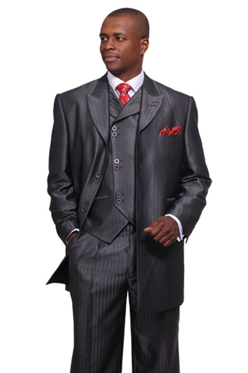 "Black Herringbone Stripe Men's Long Vested Fashion Suit"