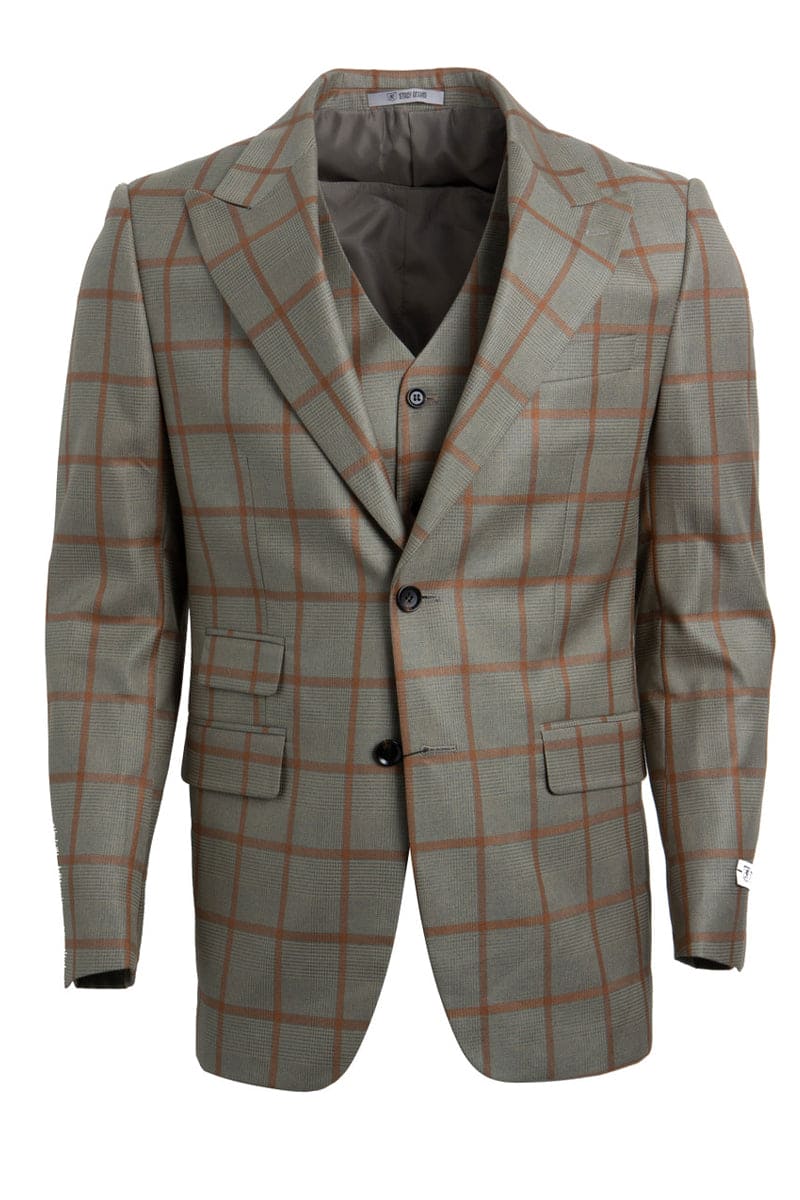 "Mens Stacy Adams Suit - Stacy Adams Suit Men's Vested Suit - Tan & Gold Windowpane Plaid, One Button Peak Lapel"