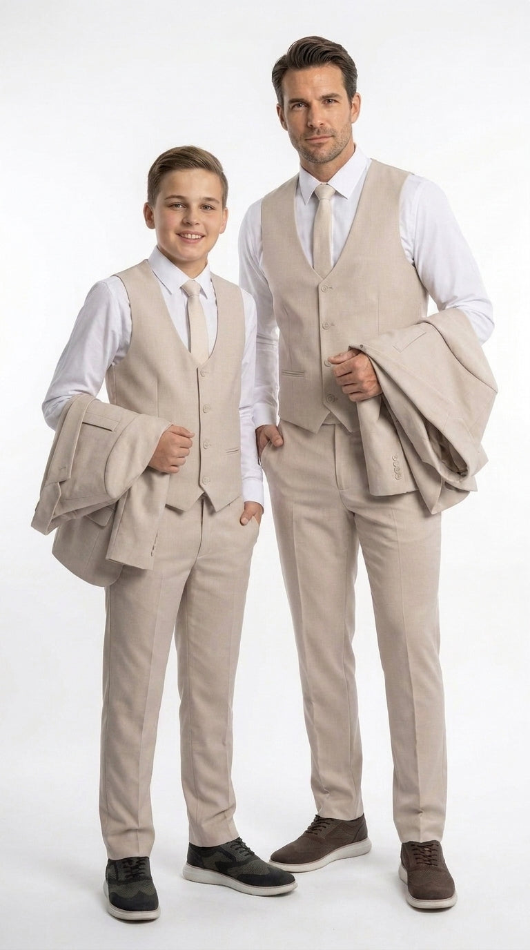 Dad & Son Matching Beige 3-Piece Suits ā Father and Son Wedding Formal Suits in Tan Color