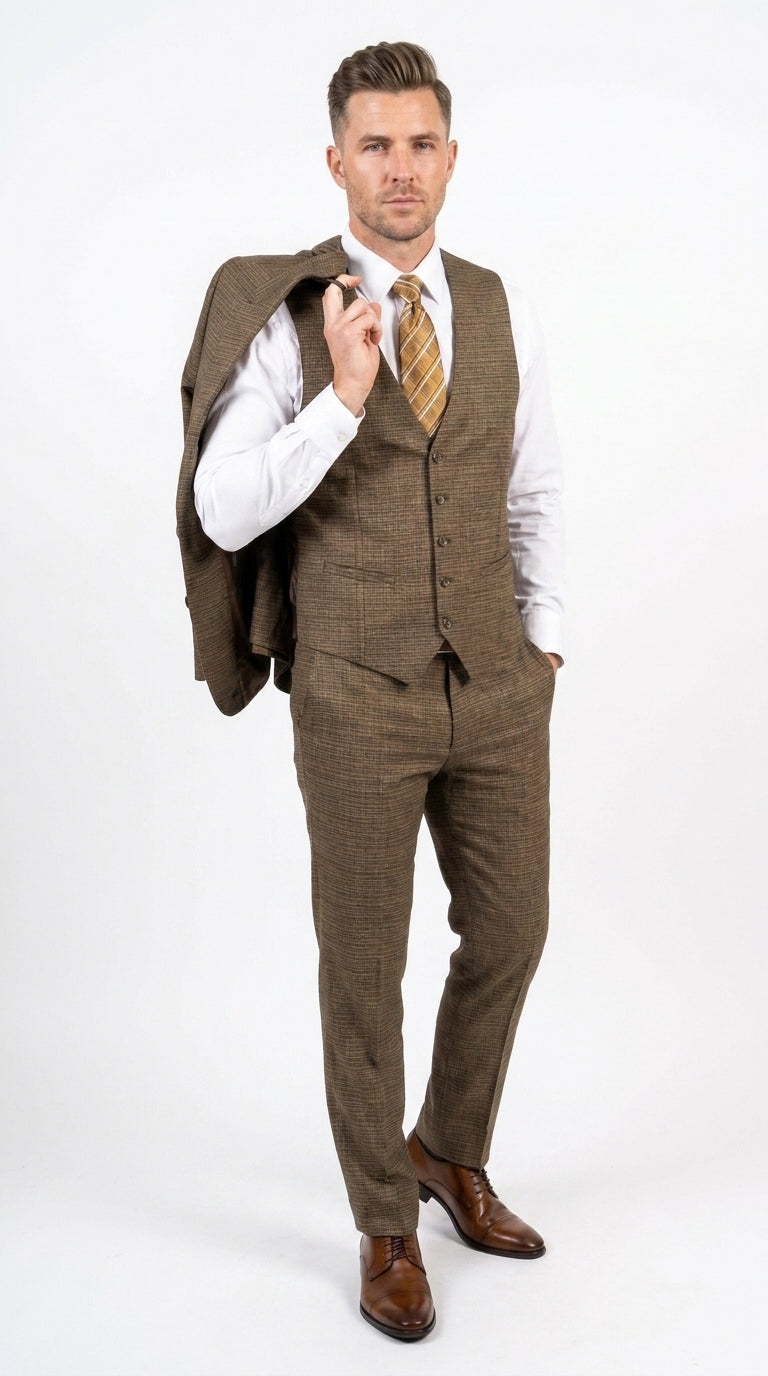 Men's Great Gatsby Brown Checker Plaid Texture 3-Piece Suit ā Classic Fit Business, Wedding & Formal Suit Set - Victorian style 1920s