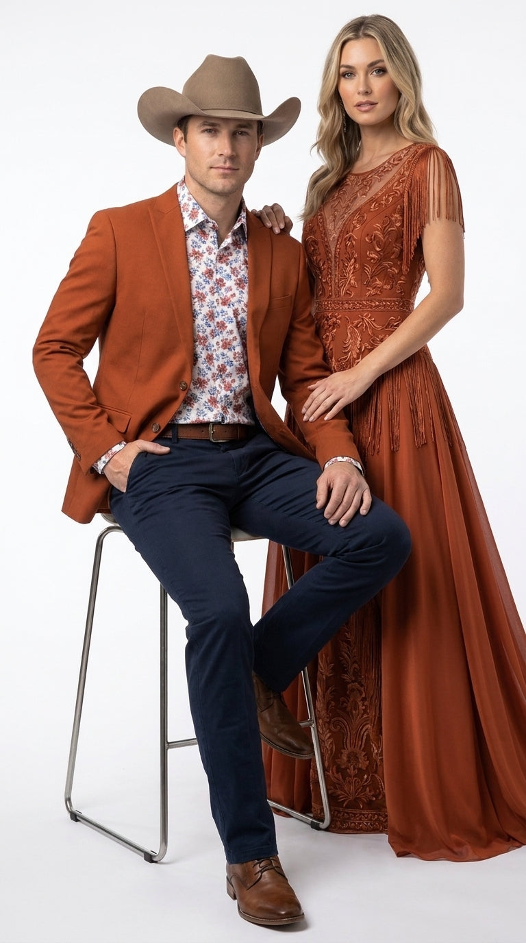 Men’s Rust Cowboy Western Blazer – Copper Brick Color Two Button Sport Coat Peak Lapel Modern Fit