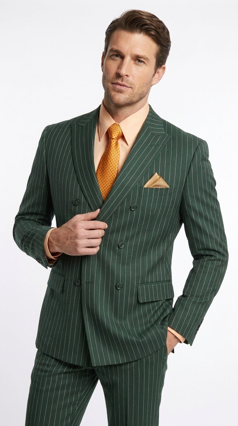 Men’s Hunter Green Pinstripe Double Breasted Suit – Vintage 1920s Great Gatsby Gangster Style