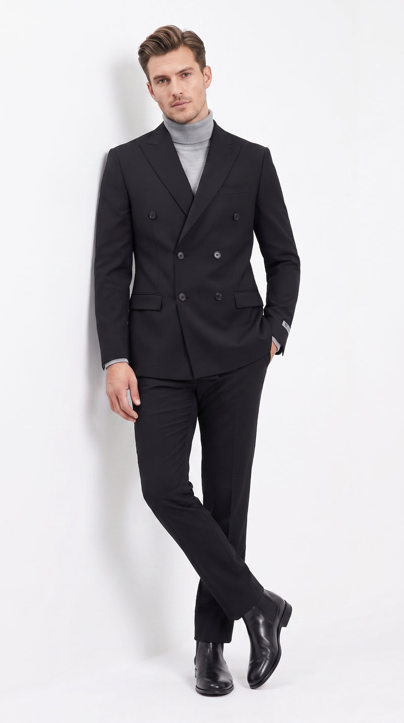Men's Designer Stacy Adams Classic Double Breasted Suit in Black Peak Lapel Slim fit
