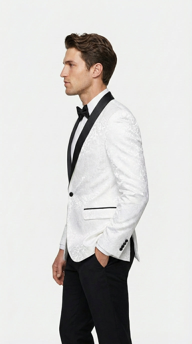Men’s White Dinner Jacket Disco Blazer 1980s Sequin Style Jacket – Black Lapel Party Blazer, Formal Masquerade Club Wear Paisley Fabric + Bowtie