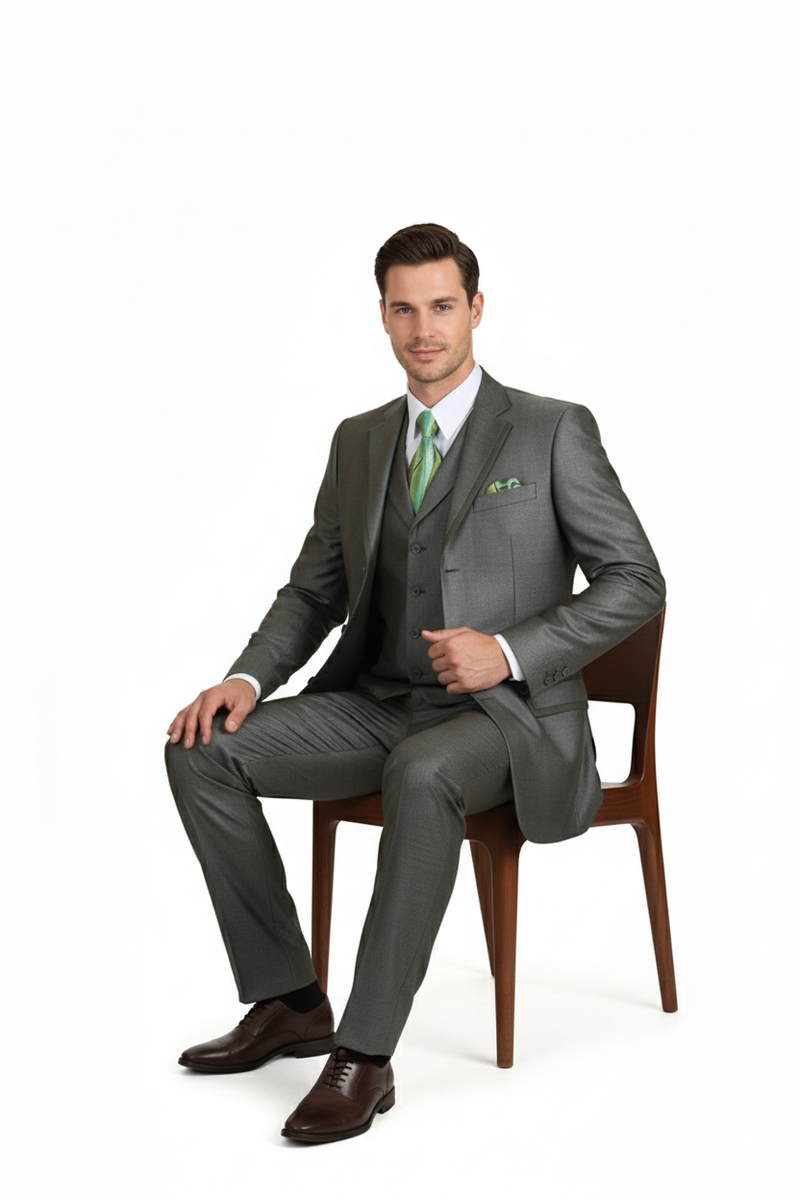 Olive green three-piece men's suit: classic fit, vest, tie, pleated pants. Three-button design, tailored look.