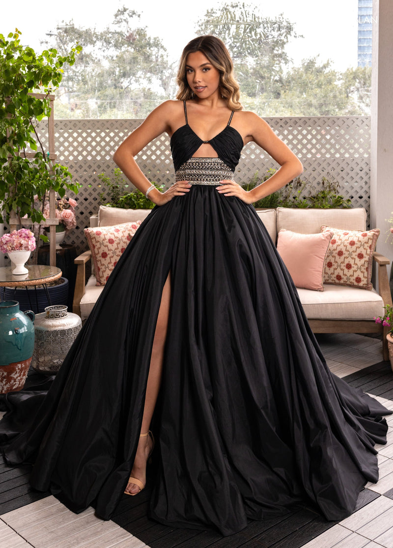 Tafetta Cutout A-line Slit Gown by Rachel Allan 50376