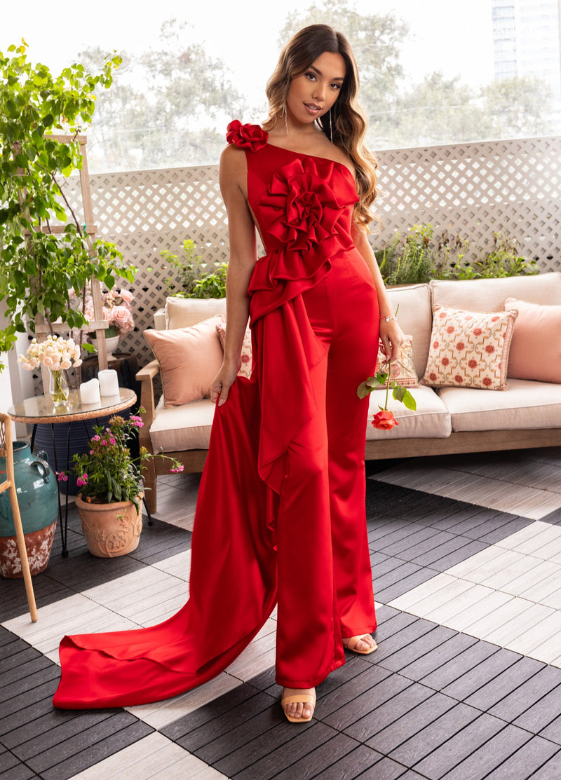 3D Floral One Shoulder Jumpsuit by Rachel Allan 50387