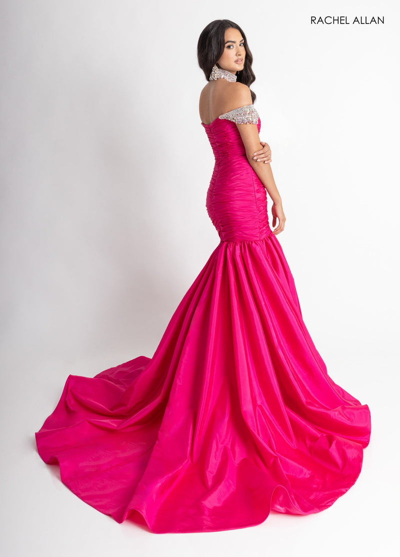 Taffeta Off Shoulder Slit Gown by Rachel Allan 50396