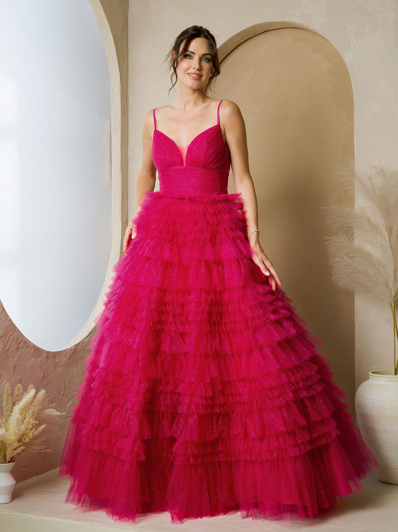 Eva USA EV5272 Glitter-Accented Structured Bodice Long Ball Dress