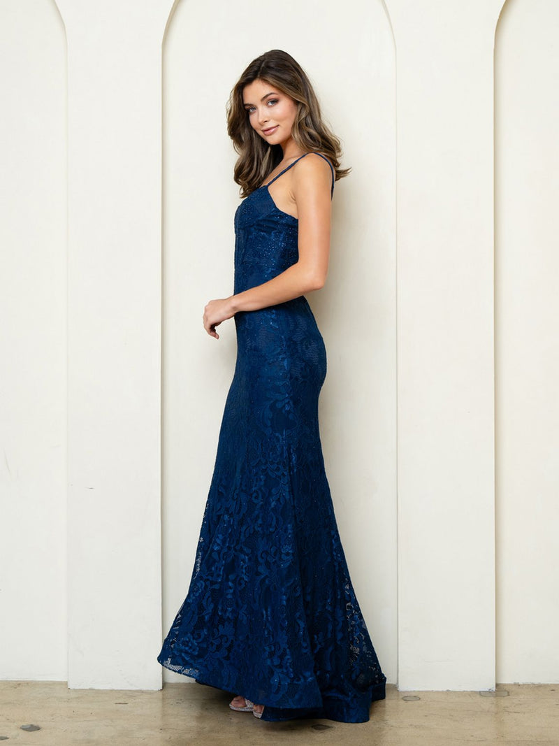 Eva USA EV5277 Structured Corset Lace Overlay Evening Dress