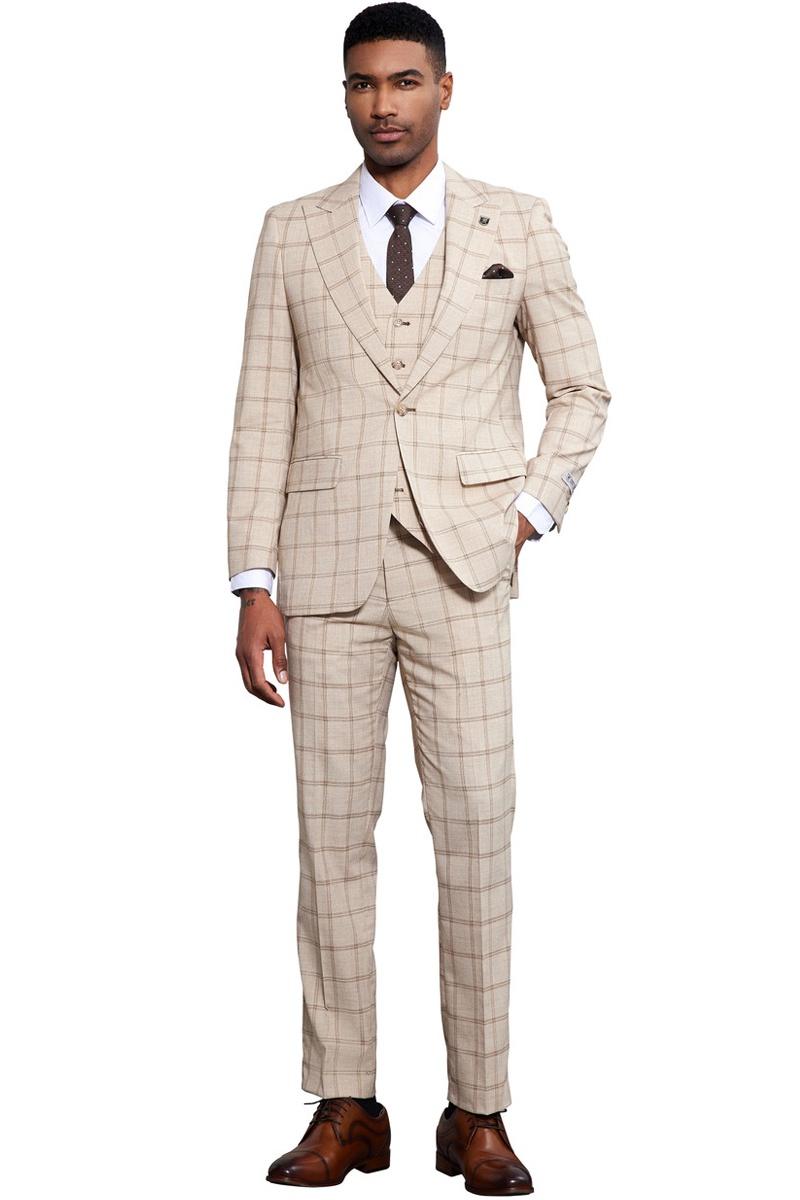 Tan windowpane plaid suit by Stacy Adams. Men's tailored fit with a peak lapel, single-button closure, and matching vest. Features straight-leg trousers. Classic look with a tan and brown color scheme.