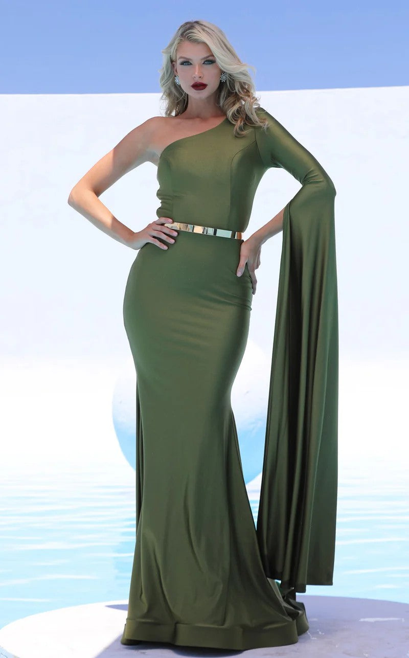 Jessica Angel JA552 One-Shoulder Fit-and-Flare Court Train Jersey Dress