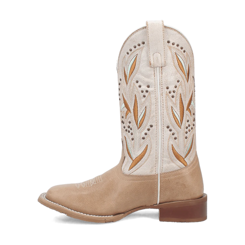 Laredo Women's Lydia Boot: Mid-calf, rounded toe. Light brown leather with a decorative light-colored upper. Floral design (brown/blue) with metal studs. Stacked heel and pull tab.