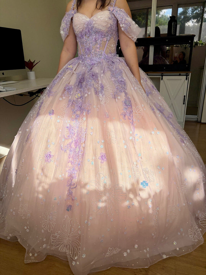 Layla K LK257 Sheer Corset Bodice Lilac/Blush Embellished Quince Gown