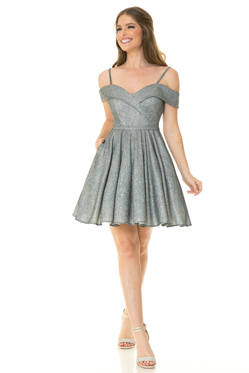 Lenovia 5228 Short Metallic Glitter Cold Shoulder A-Line Dress