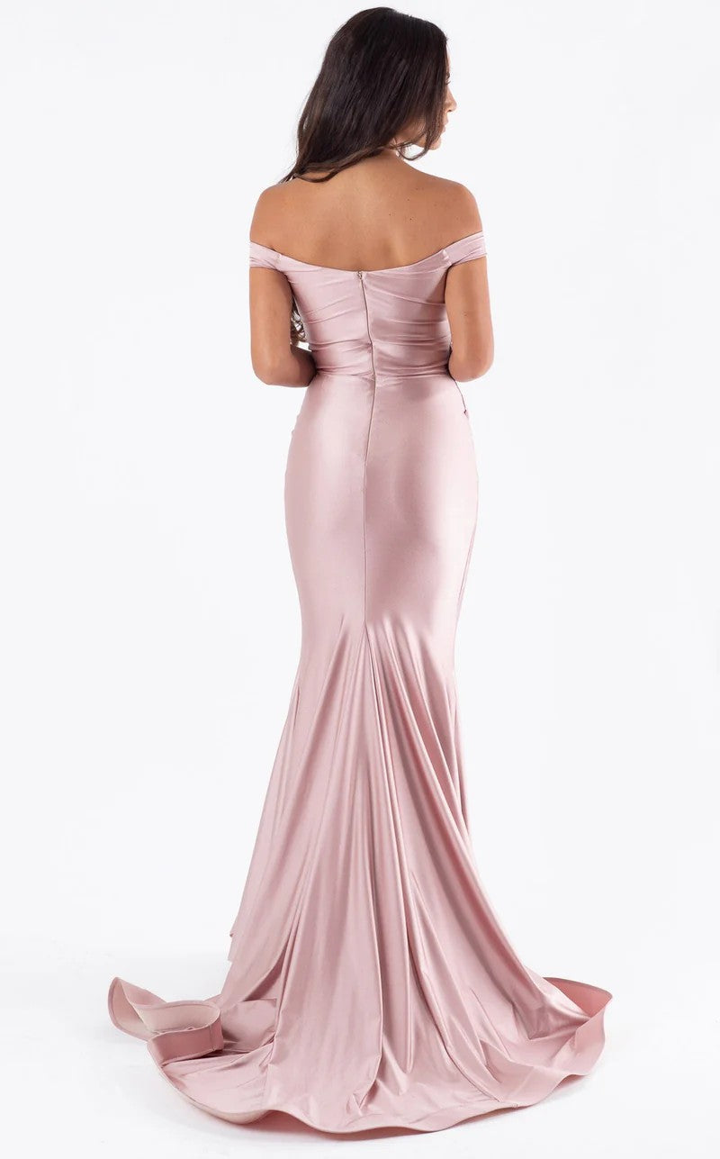 Jessica Angel JA581 Off-Shoulder Fitted Open Back Draped Court Train Jersey Dress
