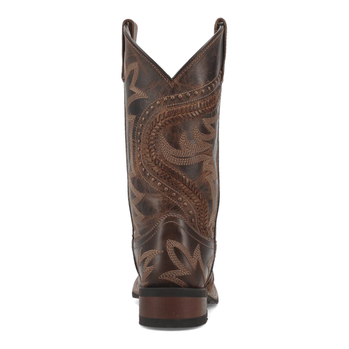 Laredo Charli women's boot: Tall, textured dark brown leather with tan embroidery. Pointed toe, V-cut top. Wooden square heel, rubber sole for traction. Classic Western style.