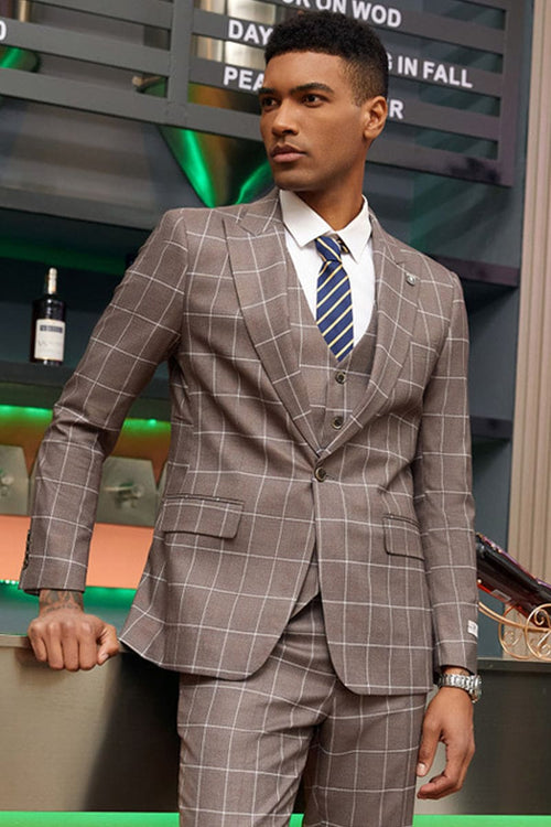 Mens Stacy Adams Suit -Stacy Adams Men's Modern Fit Suit - One Button Vested in Light Brown Windowpane Plaid