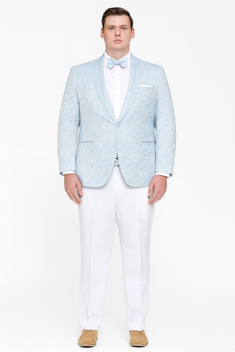 Light blue paisley tuxedo jacket with shawl collar and two pockets. Includes a matching light blue bow tie.