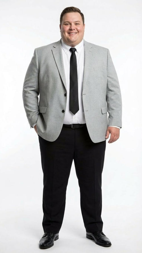 Light grey slim-fit men's blazer with notched lapels, two pockets, and a single-button closure. Paired with black pants for a sleek, structured silhouette.