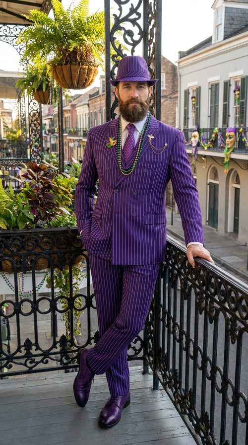 Men’s Purple Pinstripe Mardi Gras Suit | Classic Double Breasted Formal Carnival Suit