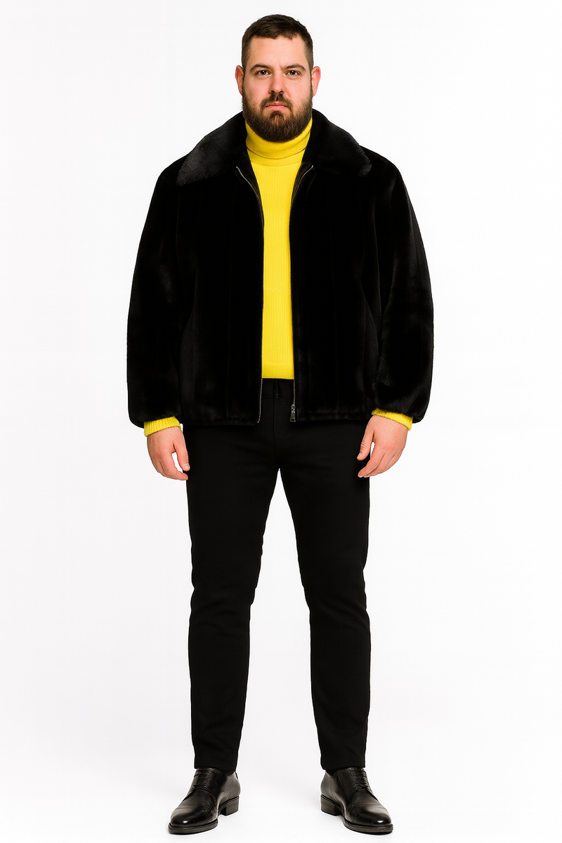Men's black faux fur jacket with zip closure & collared design. Soft plush finish, relaxed fit. Made from synthetic materials.