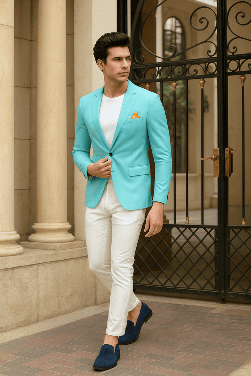 Men’s Aqua Blazer – Slim Fit One Button Suit Jacket with Stylish Floral Inner Lining - Light Turquoise
