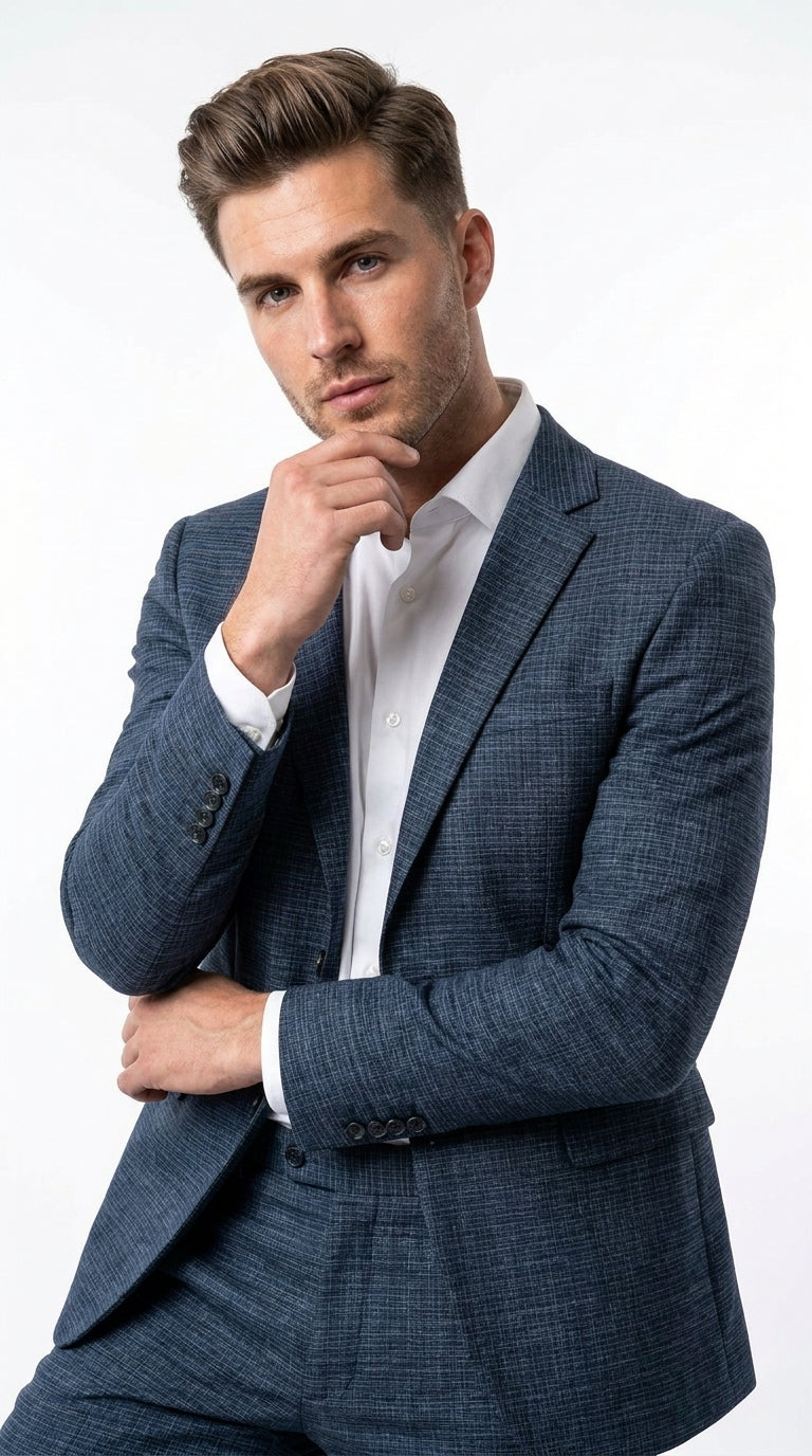 Men's Blue Micro Check Hounstooth small windowpane plaid 3-Piece Suit ā Vested Slim Fit Business, Wedding & Formal Suit
