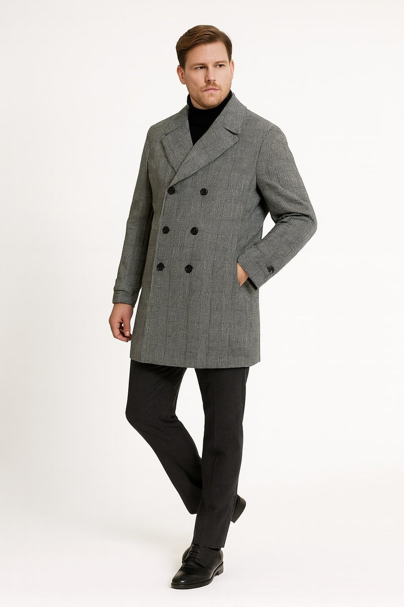 Grey plaid men's overcoat with black faux fur collar. Tailored, mid-length fit with a houndstooth-like grey pattern. Features six black buttons and integrated side pockets.