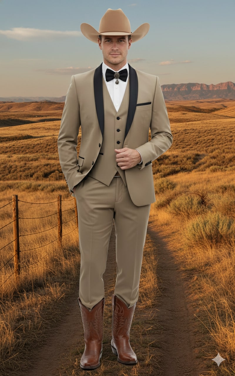 Tan tuxedo jacket with black lapel, tan vest, and beige pants men's western suit. Includes brown cowboy boots. Classic cowboy style.