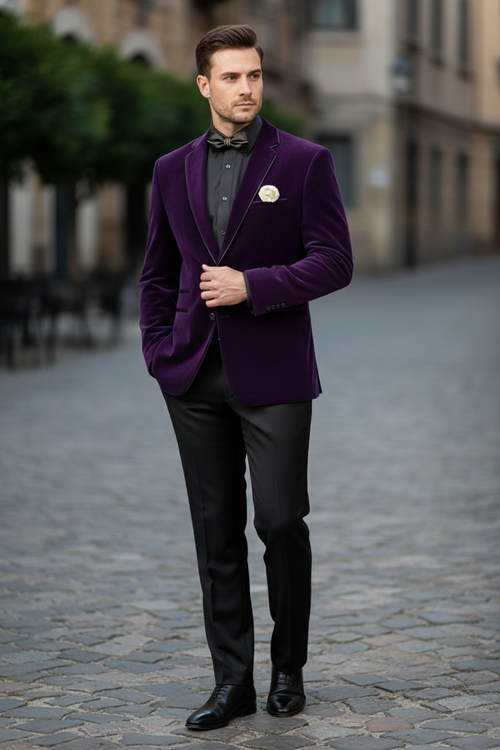 Purple velvet blazer: single-breasted, notched lapels, front flaps. Rich purple velvet with smooth texture. Black pocket square. Tailored fit, paired with dark slacks.