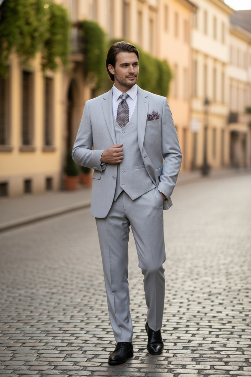 Men's light gray three-piece wedding suit. Includes a two-button blazer, matching vest, and slim-fit trousers. Subtle tonal pattern, modern silhouette.
