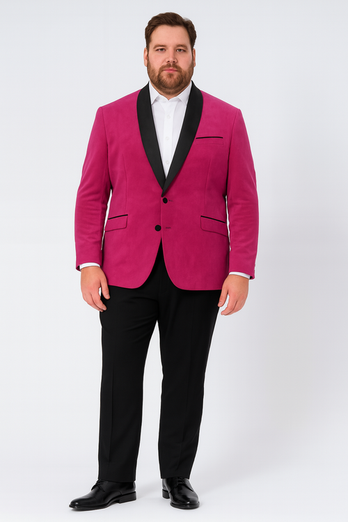 Men's fuchsia tuxedo blazer with black satin lapel, horizontal pockets, and plain black pants. Stylish and eye-catching formal wear.