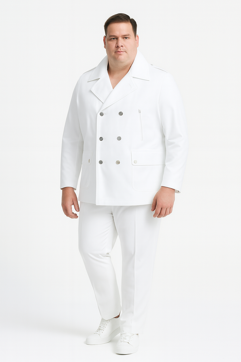 Men's slim-fit white wool peacoat. Double-breasted with broad lapels, six buttons, and two front pockets. Classic, stylish design.