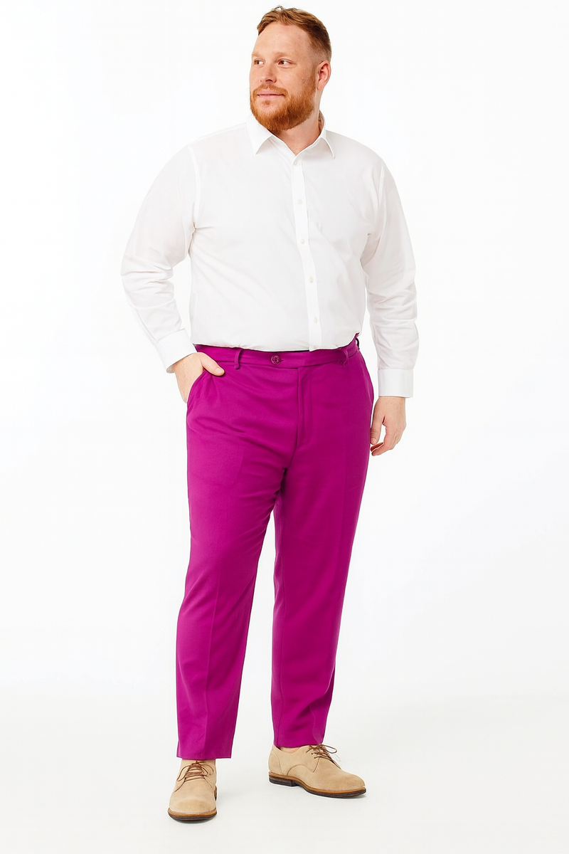 Men's slim fit fuchsia dress pants. Flat front, belt loops, and side pockets. Crafted from smooth, vibrant hot pink fabric.